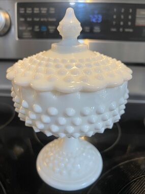 White Hobnail Milk Glass Container Vanity